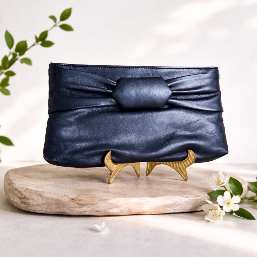 Vintage Navy Leather Convertible Clutch / Shoulder Bag